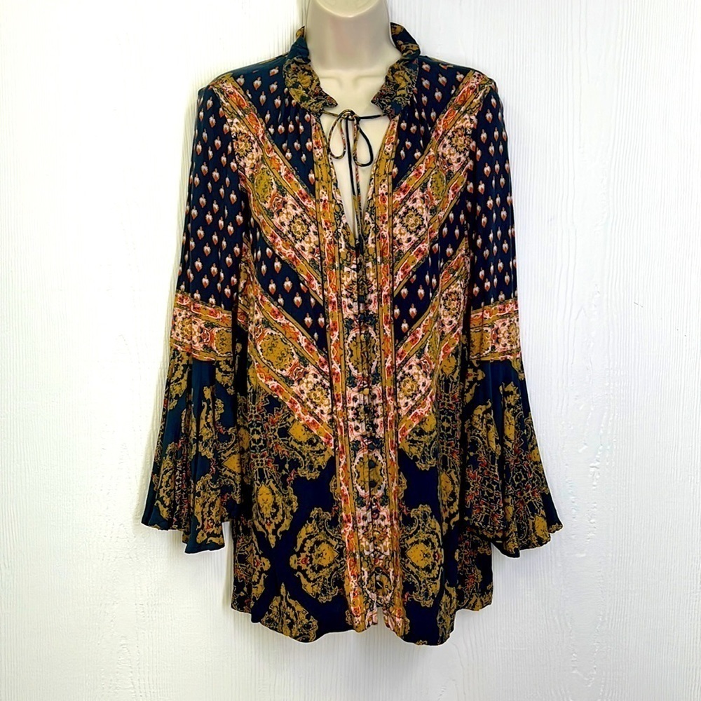 Free People - Magic Mystery Colorful Boho Button Down Oversized Tunic Blouse XS